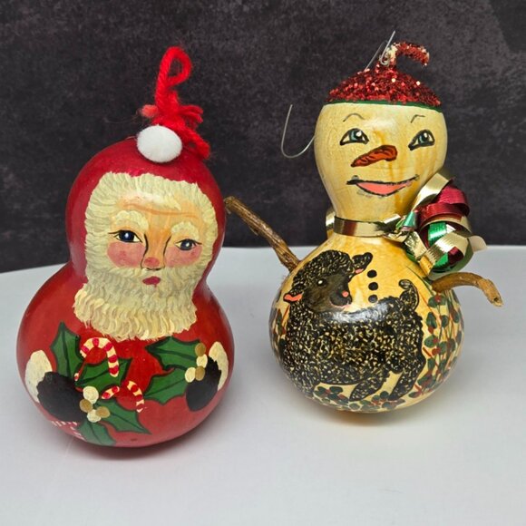 Vintage Snowman and Santa Christmas Gourd Ornaments, Hand Painted, Signed 1990s - Picture 1 of 7